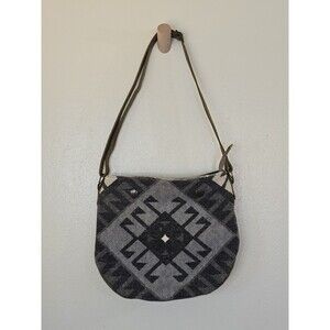 Myra Bag Gray Tribal Canvas Leather Crossbody Shoulder Bag Boho Western Saddle